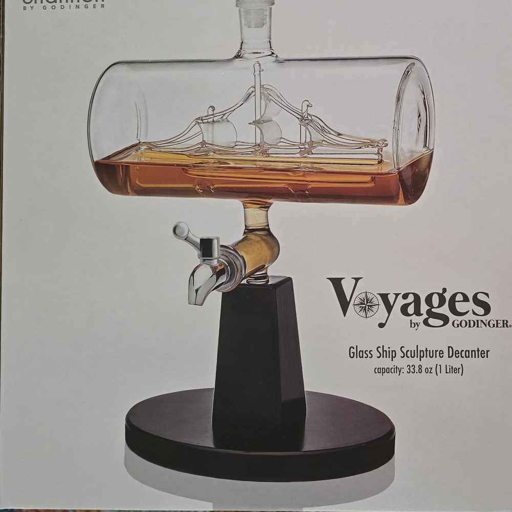 Godinger Glass Ship Decanter with Black Base.  NEW in the box. Make an offer.